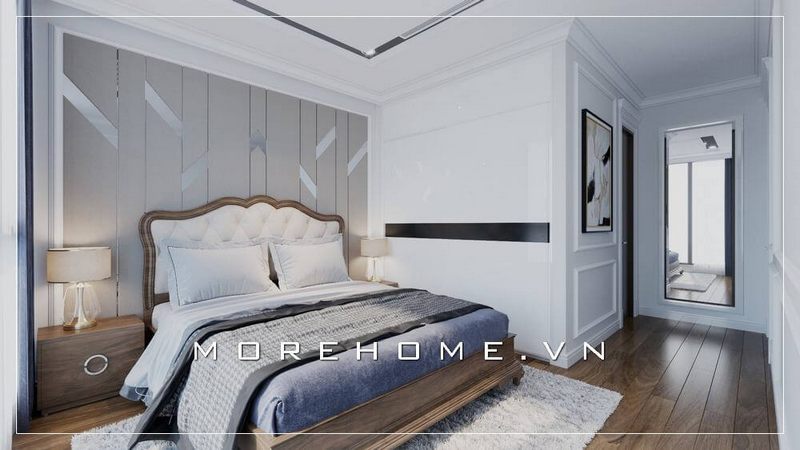 Mẫu thiết kế phòng ngủ chung cư nhỏ sang trọng và đẳng cấp với chiếc giường ngủ óc chó bọc da đầu giường phong cách tân cổ điển
